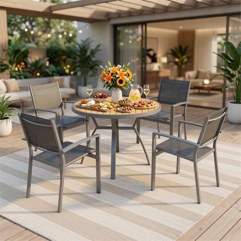 5-Piece Grey Patio Dining Set - 4-Seat All-Weather Heavy Duty - Round Table