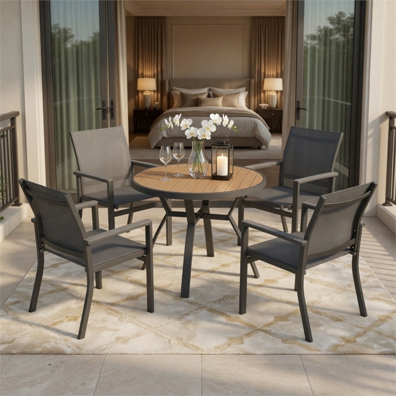 5-Piece Grey Patio Dining Set - 4-Seat All-Weather Heavy Duty - Round Table