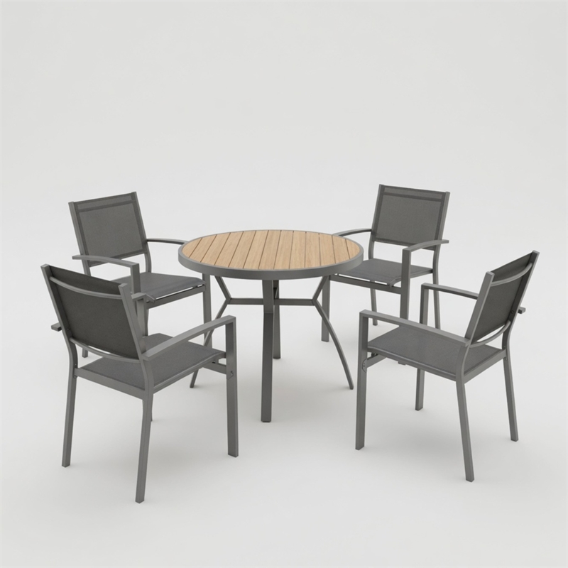 5-Piece Grey Patio Dining Set - 4-Seat All-Weather Heavy Duty - Round Table