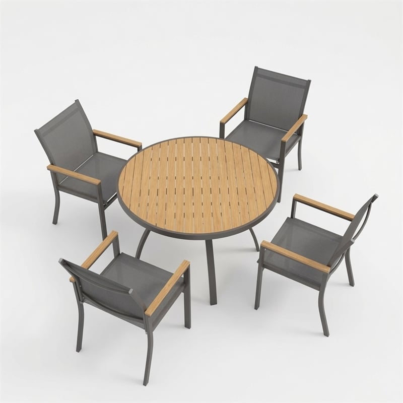 5-Piece Grey Aluminum Patio Dining Set - 4-Seat All-Weather - Round Table