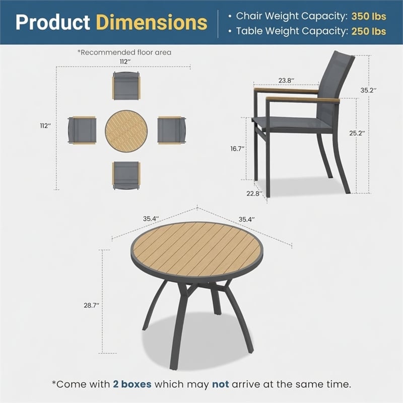 5-Piece Grey Aluminum Patio Dining Set - 4-Seat All-Weather - Round Table