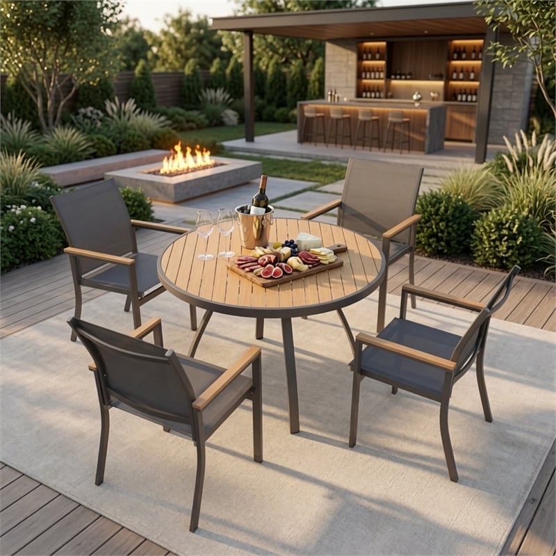5-Piece Grey Aluminum Patio Dining Set - 4-Seat All-Weather - Round Table