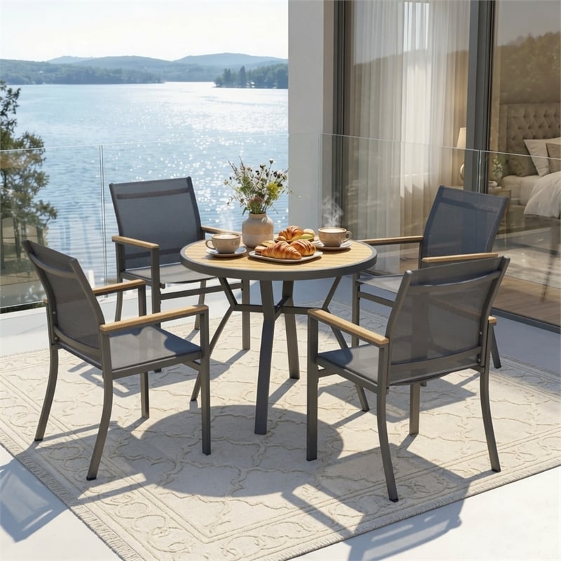 5-Piece Grey Aluminum Patio Dining Set - 4-Seat All-Weather - Round Table
