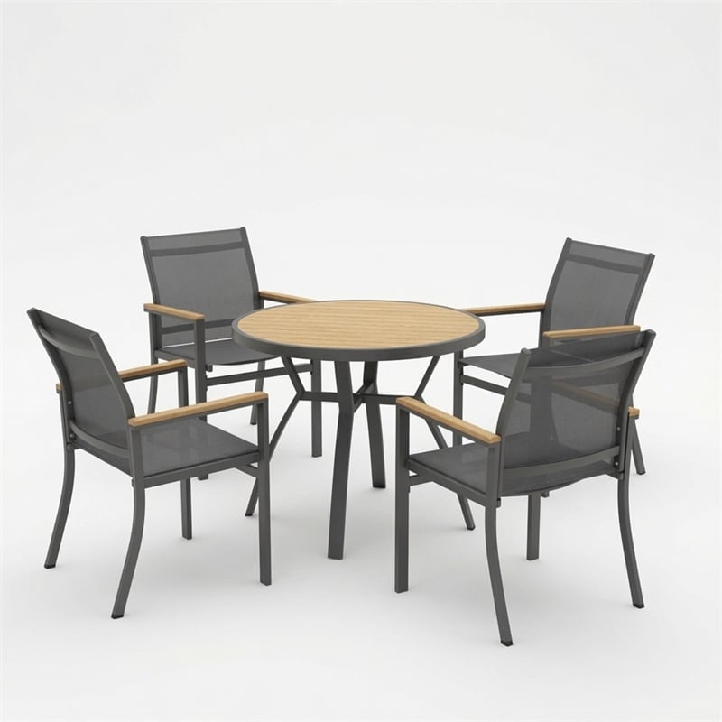 5-Piece Grey Aluminum Patio Dining Set - 4-Seat All-Weather - Round Table