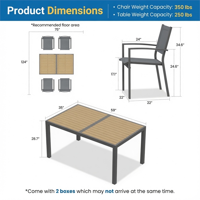 5-Piece Grey Patio Dining Set - 4-Seat All-Weather - Rectangular Table