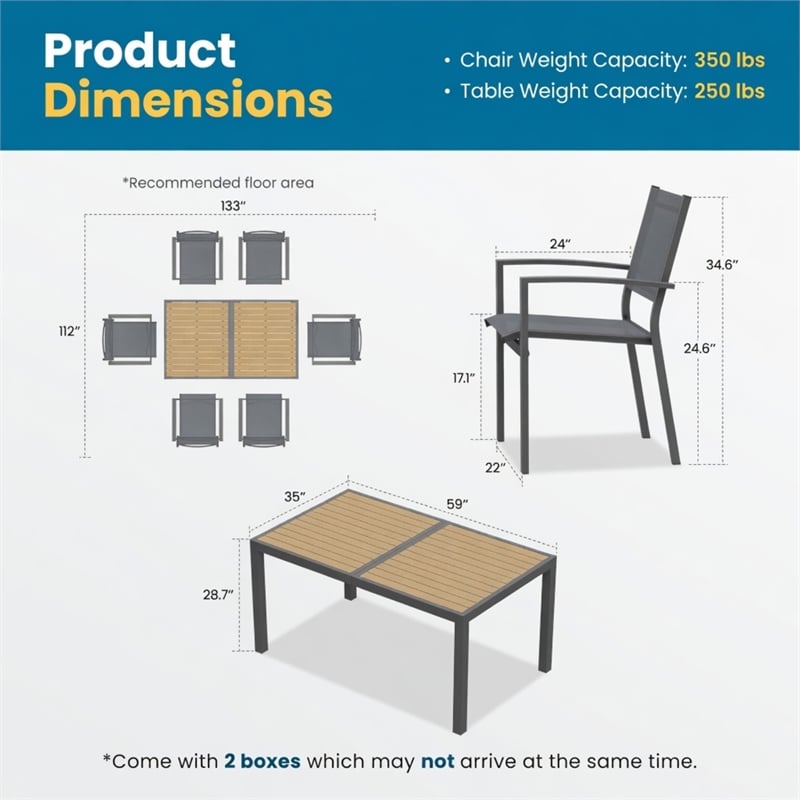 7-Piece Grey Patio Dining Set - 6-Seat All-Weather Heavy Duty HDPS Aluminum