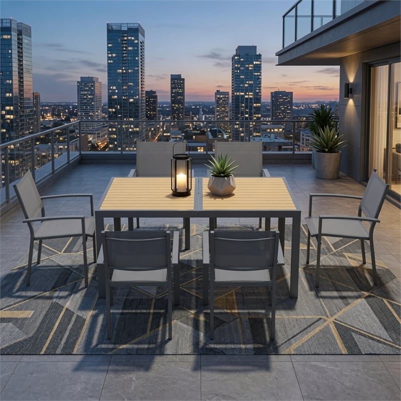 7-Piece Grey Patio Dining Set - 6-Seat All-Weather Heavy Duty HDPS Aluminum