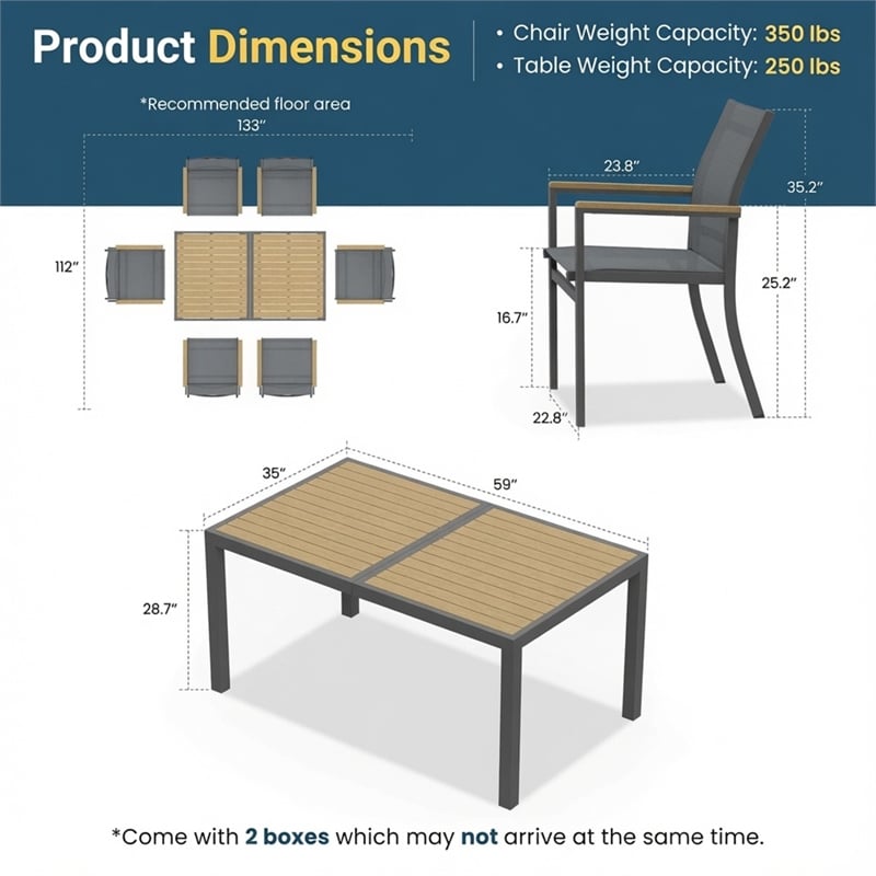 5-Piece Grey Aluminum Patio Dining Set - 4-Seat - Rectangular Table