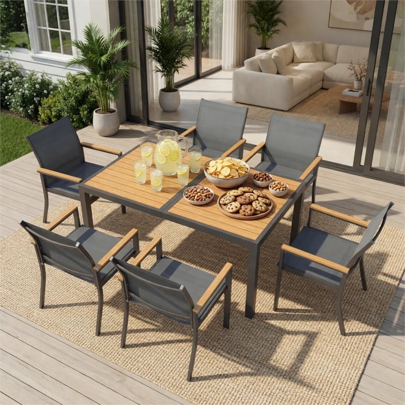 7-Piece Grey Aluminum Patio Dining Set - 6-Seat All-Weather Heavy Duty HDPS
