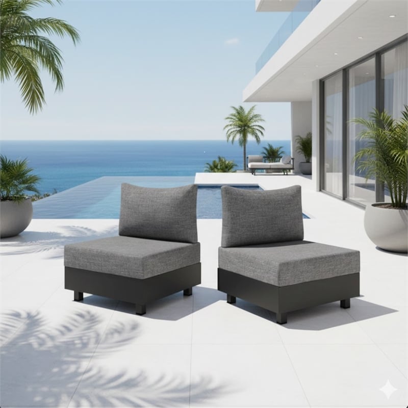 2-Piece Gray Aluminum Modular Armless Chairs for Pool Garden Balcony Porch