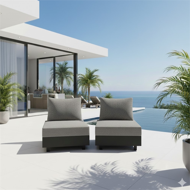 2-Piece Gray Aluminum Modular Armless Chairs for Pool Garden Balcony Porch