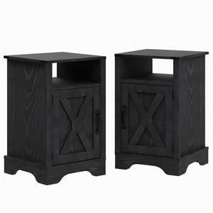 16&quot Black Farmhouse Nightstand with Charging Station & Storage (Set of 2)