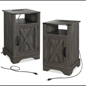 16&quot Dark Grey Farmhouse Nightstand with Charging Station & (Set of 2)