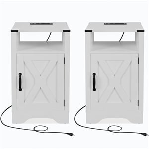 16&quot White Farmhouse Nightstand with Charging Station & Storage (Set of 2)