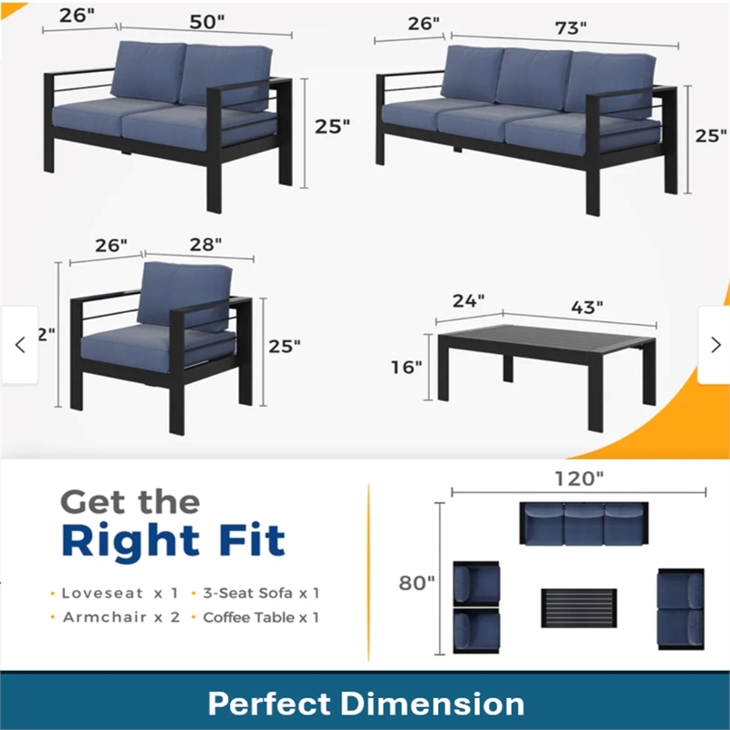 5-Piece Modern Aluminum Patio Conversation Set - 7-Seat Outdoor - Aluminum