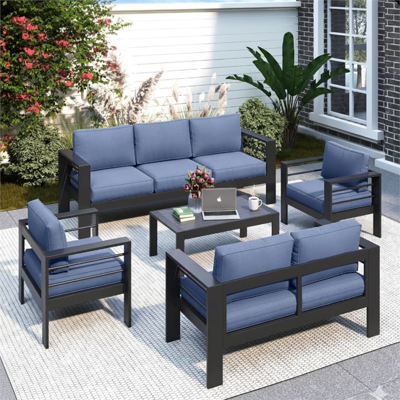 5-Piece Modern Aluminum Patio Conversation Set - 7-Seat Outdoor - Aluminum