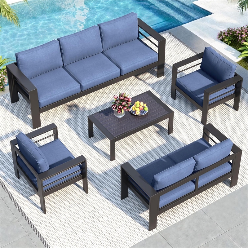 5-Piece Modern Aluminum Patio Conversation Set - 7-Seat Outdoor - Aluminum