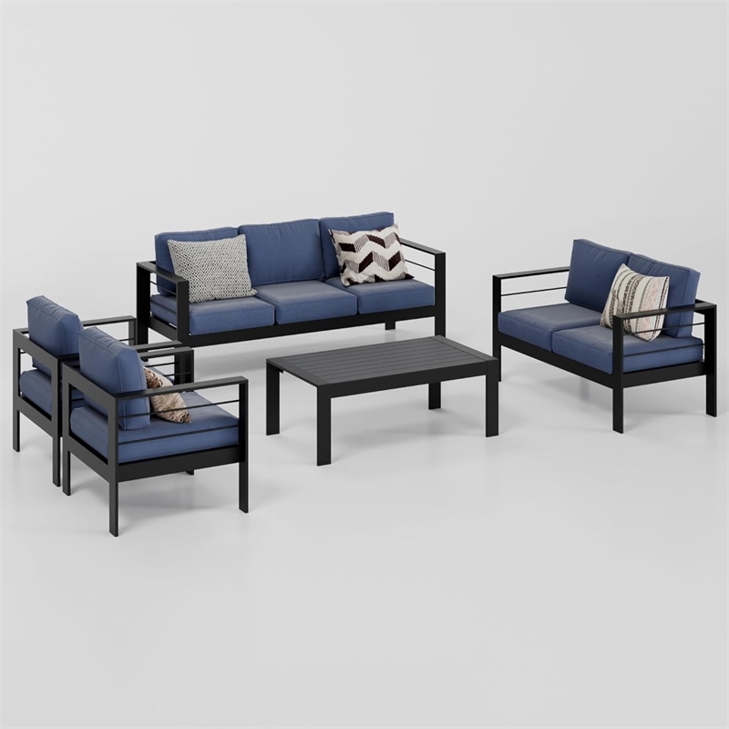 5-Piece Modern Aluminum Patio Conversation Set - 7-Seat Outdoor - Aluminum