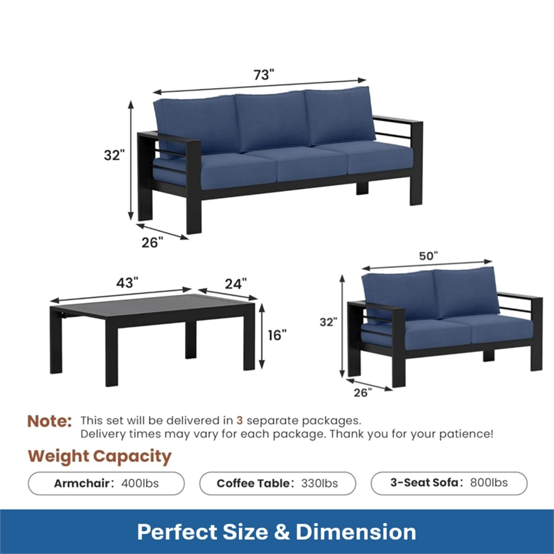 3-Piece Modern Aluminum Patio Conversation Set - 5-Seat Outdoor - Blue