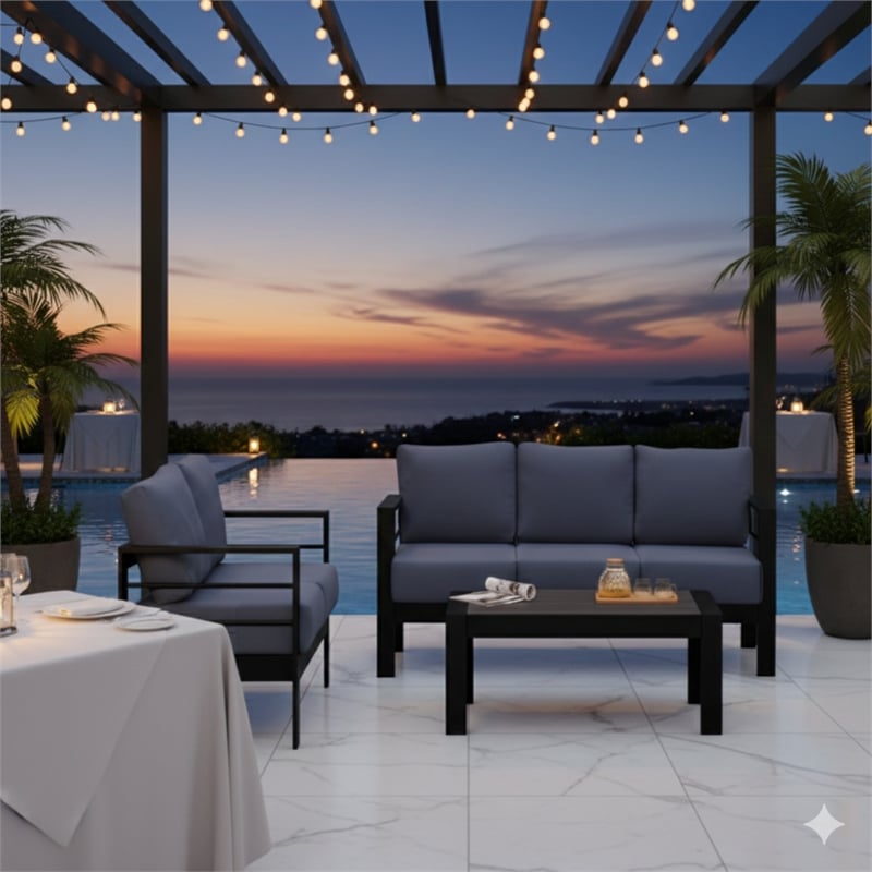 3-Piece Modern Aluminum Patio Conversation Set - 5-Seat Outdoor - Blue