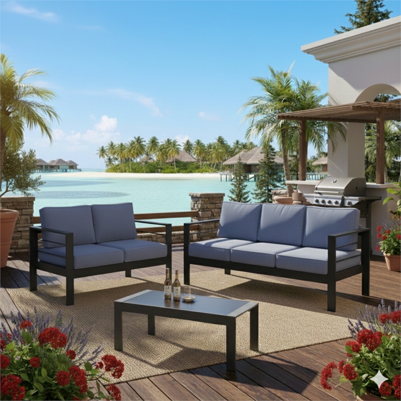 3-Piece Modern Aluminum Patio Conversation Set - 5-Seat Outdoor - Blue