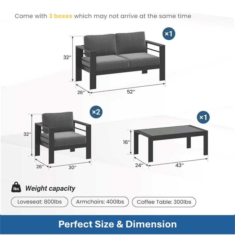 4-Piece Modern Aluminum Patio Conversation Set - 4-Seat Outdoor - Dark Gray