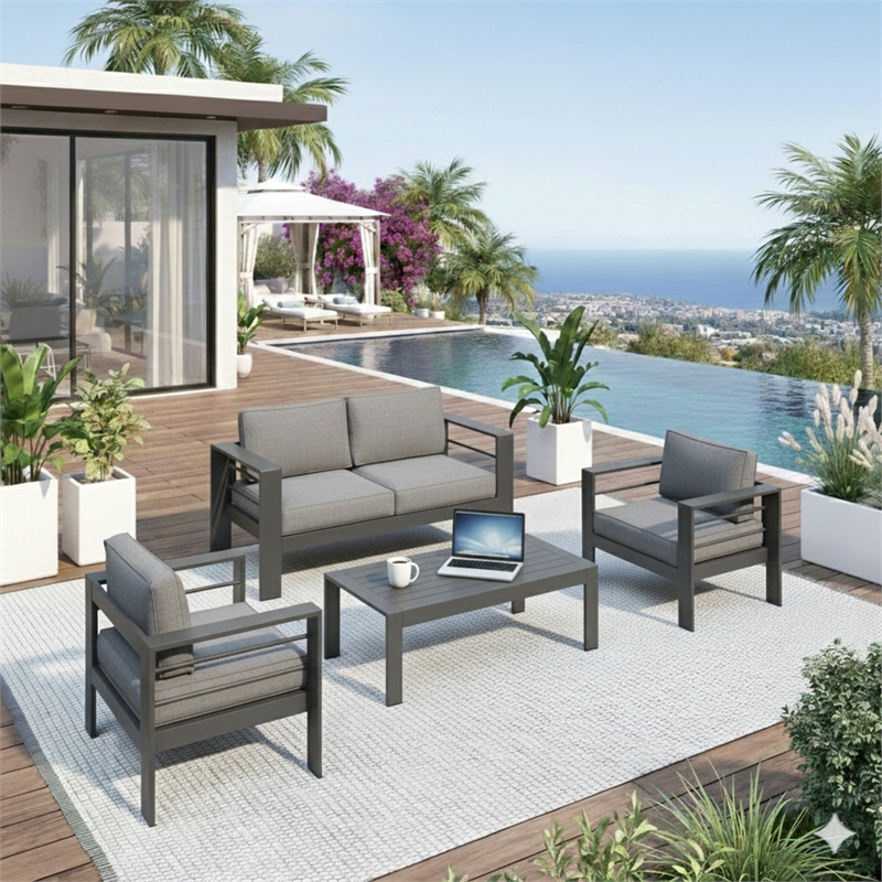 4-Piece Modern Aluminum Patio Conversation Set - 4-Seat Outdoor - Dark Gray