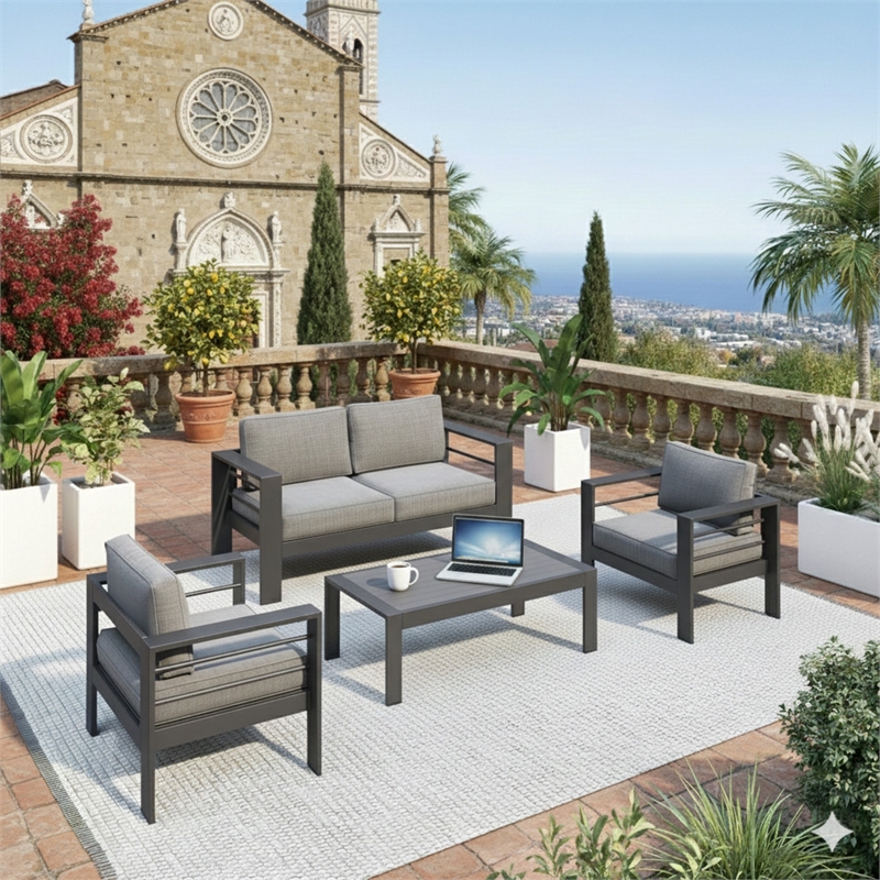 4-Piece Modern Aluminum Patio Conversation Set - 4-Seat Outdoor - Dark Gray