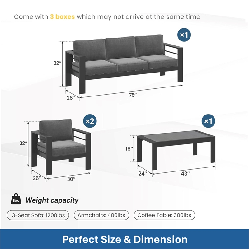 4-Piece Modern Aluminum Patio Conversation Set - 5-Seat Outdoor - Dark Gray