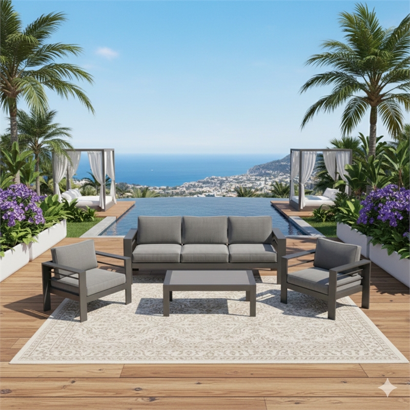 4-Piece Modern Aluminum Patio Conversation Set - 5-Seat Outdoor - Dark Gray