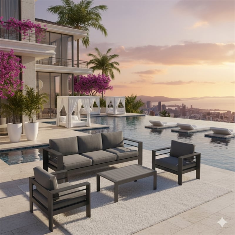 4-Piece Modern Aluminum Patio Conversation Set - 5-Seat Outdoor - Dark Gray