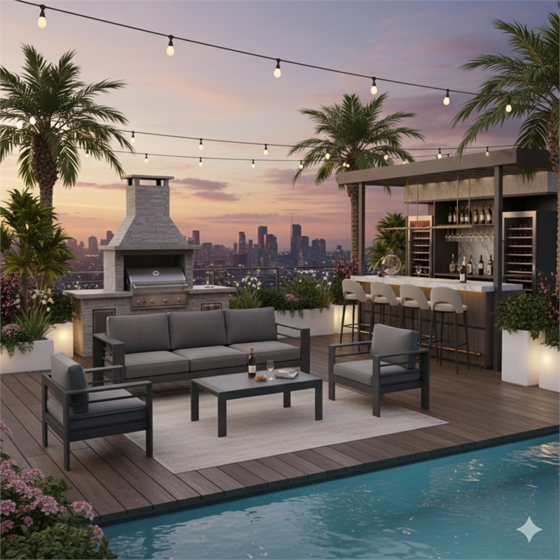 4-Piece Modern Aluminum Patio Conversation Set - 5-Seat Outdoor - Dark Gray