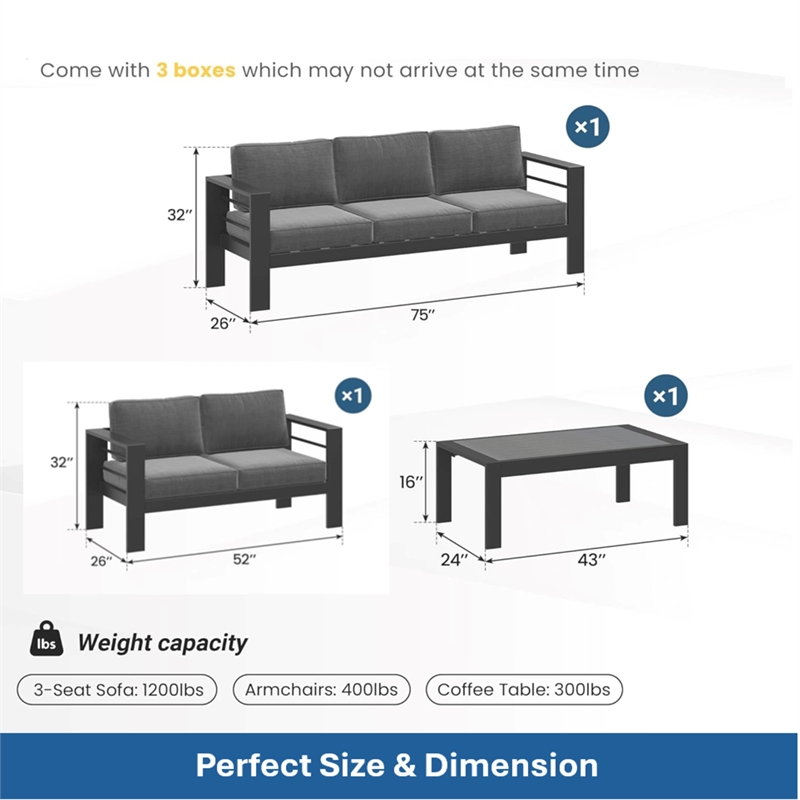 3-Piece Modern Aluminum Patio Conversation Set - 5-Seat Outdoor - Dark Gray