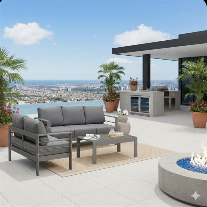 3-Piece Modern Aluminum Patio Conversation Set - 5-Seat Outdoor - Dark Gray