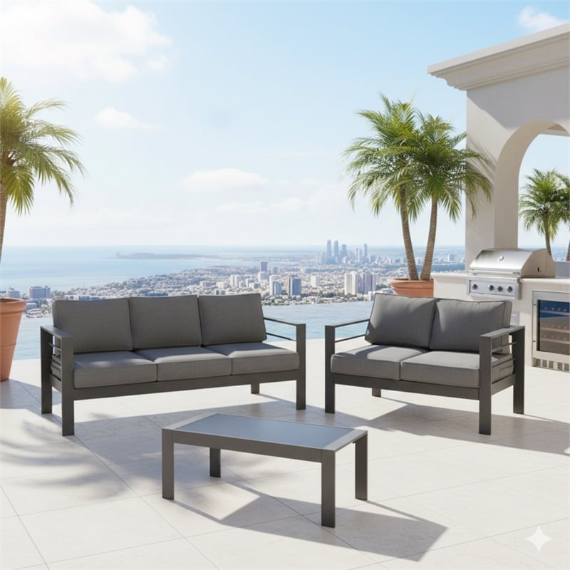 3-Piece Modern Aluminum Patio Conversation Set - 5-Seat Outdoor - Dark Gray