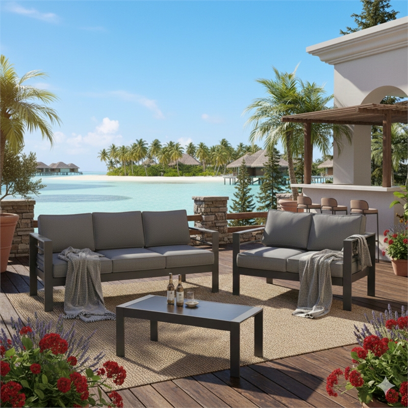 3-Piece Modern Aluminum Patio Conversation Set - 5-Seat Outdoor - Dark Gray