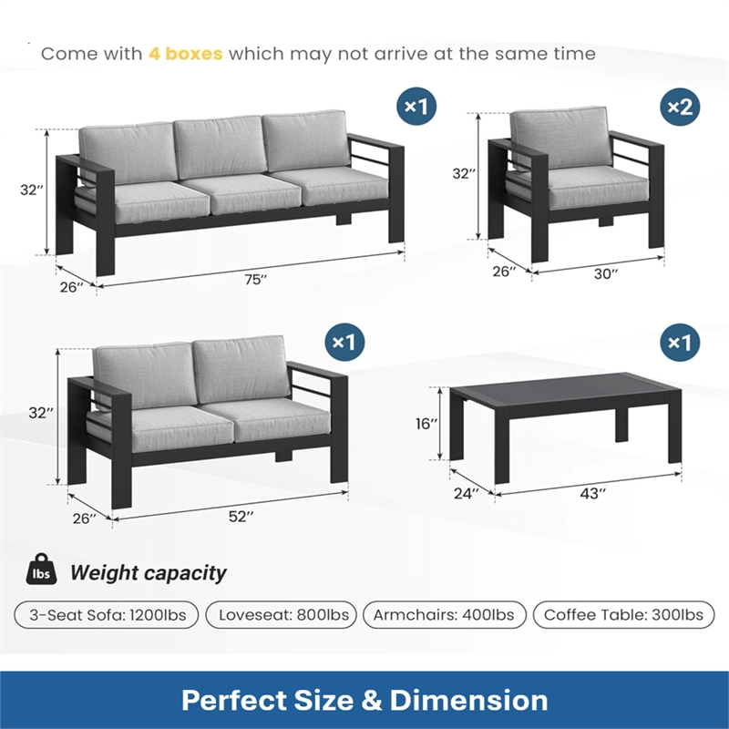 5-Piece Modern Aluminum Patio Conversation Set - 7-Seat - Light Gray