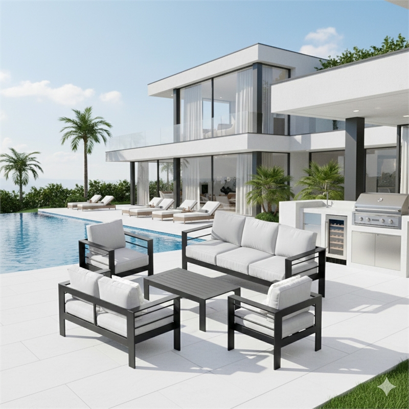 5-Piece Modern Aluminum Patio Conversation Set - 7-Seat - Light Gray