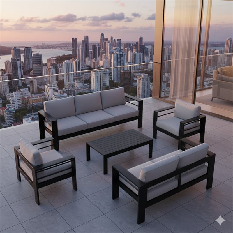 5-Piece Modern Aluminum Patio Conversation Set - 7-Seat - Light Gray