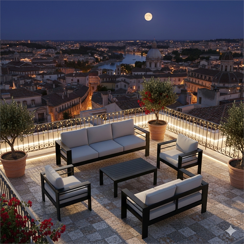 5-Piece Modern Aluminum Patio Conversation Set - 7-Seat - Light Gray