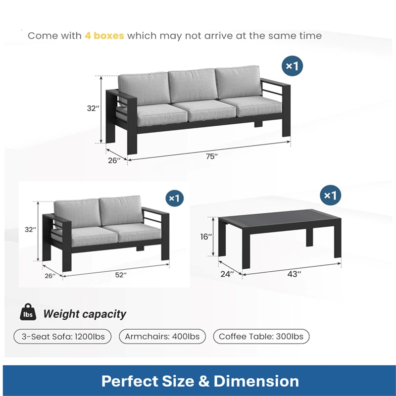 3-Piece Modern Aluminum Patio Conversation Set - 5-Seat - Light Gray