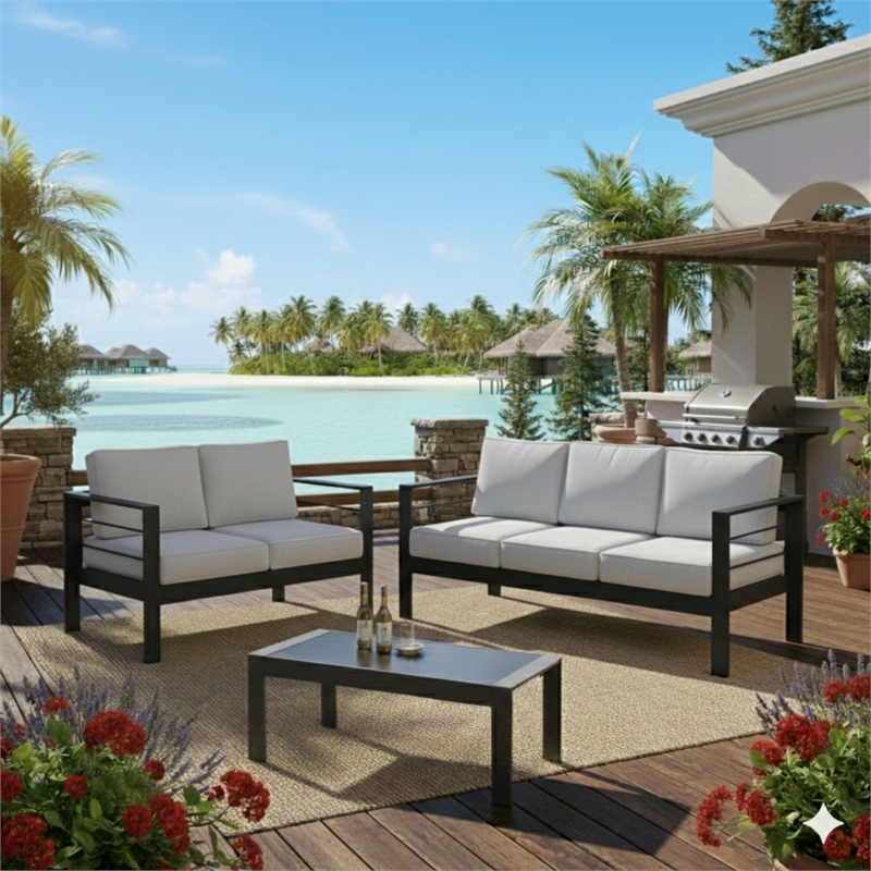 3-Piece Modern Aluminum Patio Conversation Set - 5-Seat - Light Gray
