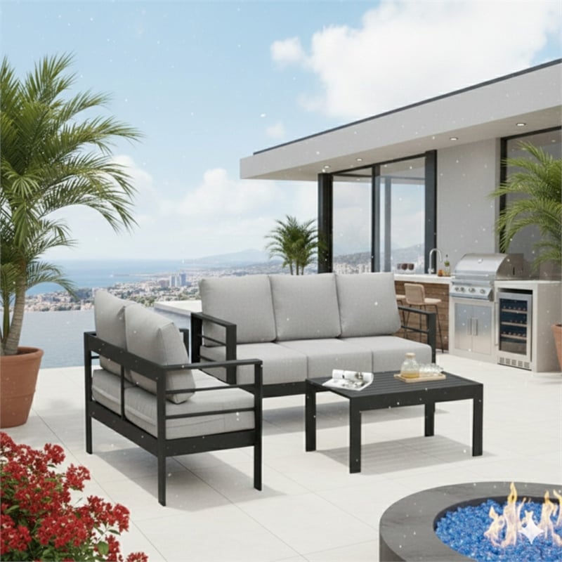 3-Piece Modern Aluminum Patio Conversation Set - 5-Seat - Light Gray