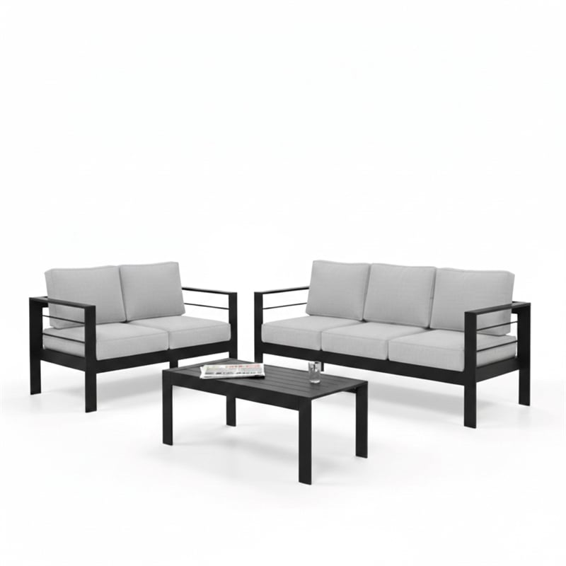3-Piece Modern Aluminum Patio Conversation Set - 5-Seat - Light Gray