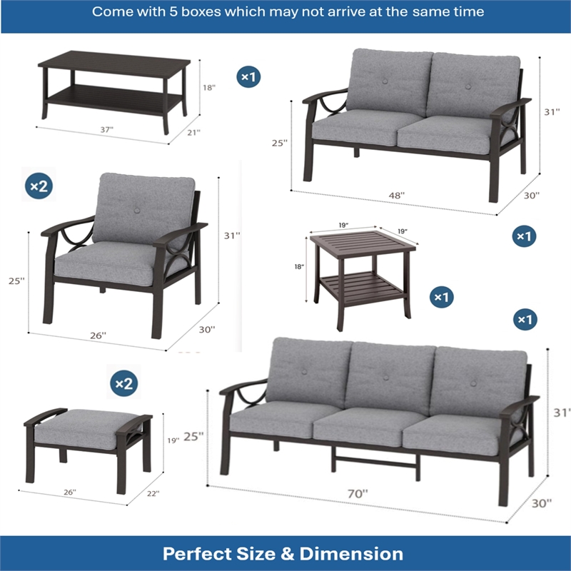 8-Piece Metal Patio Furniture Set - 9-Seat - Gray Cushions - Khaki Frame