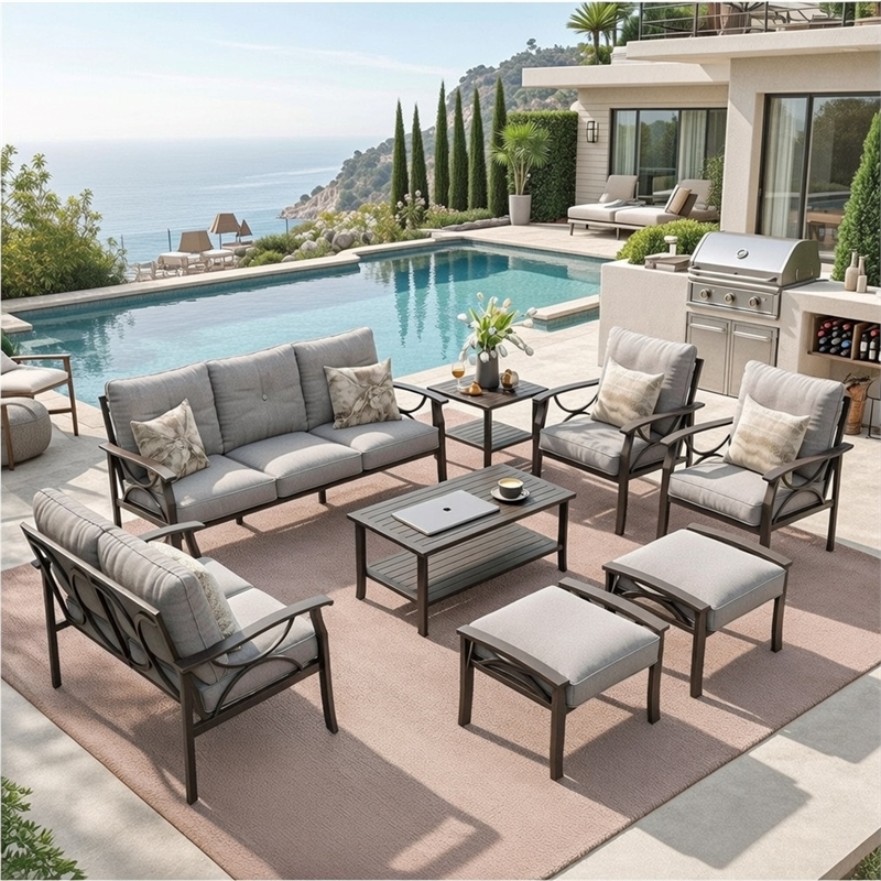 8-Piece Metal Patio Furniture Set - 9-Seat - Gray Cushions - Khaki Frame
