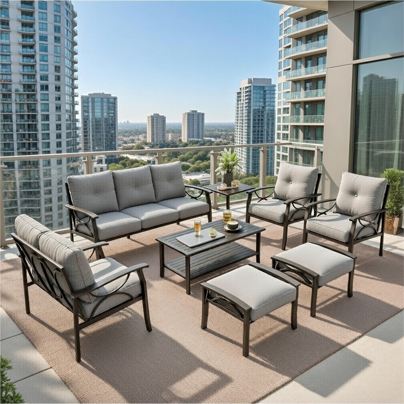 8-Piece Metal Patio Furniture Set - 9-Seat - Gray Cushions - Khaki Frame
