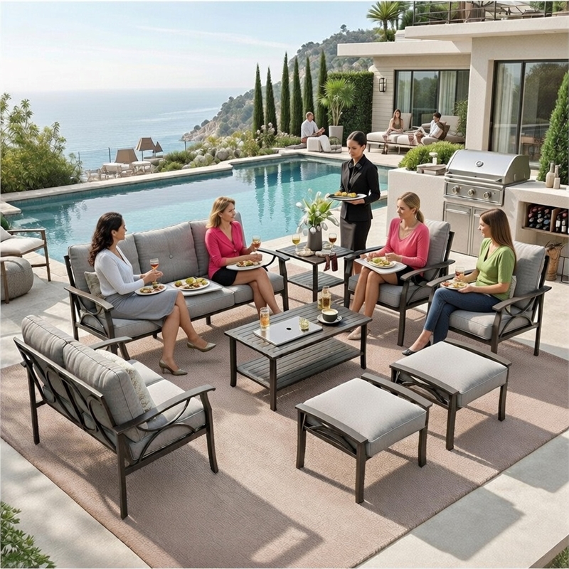8-Piece Metal Patio Furniture Set - 9-Seat - Gray Cushions - Khaki Frame