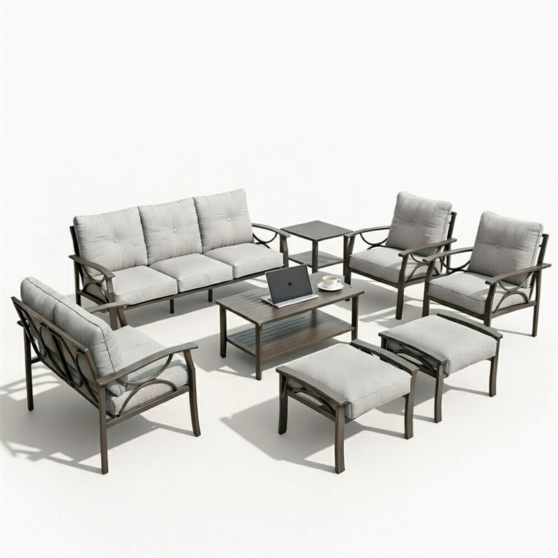 8-Piece Metal Patio Furniture Set - 9-Seat - Gray Cushions - Khaki Frame
