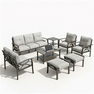 8-Piece Metal Patio Furniture Set - 9-Seat - Gray Cushions - Khaki Frame
